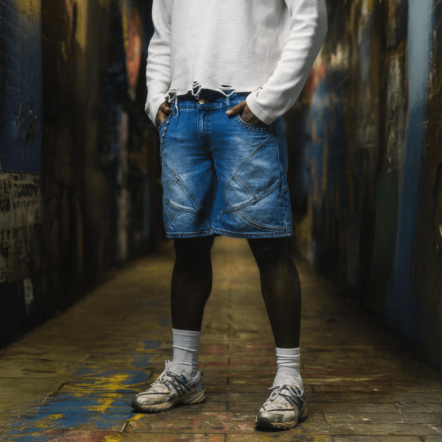 Double Waistband Denim Shorts